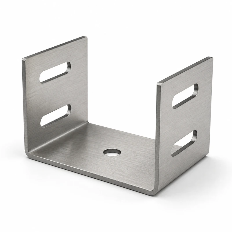 Brushed stainless steel U-shaped mounting bracket with four slotted holes and one round base hole